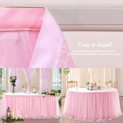 Suppromo 6ft Pink Tulle Table Skirt Baby Shower Tablecloth for Rectangle Tables or Round Tables Pink Ruffle Tutu Table Skirts Desk Skirt for Princess Girls Birthday Party Cake Dessert Decorations