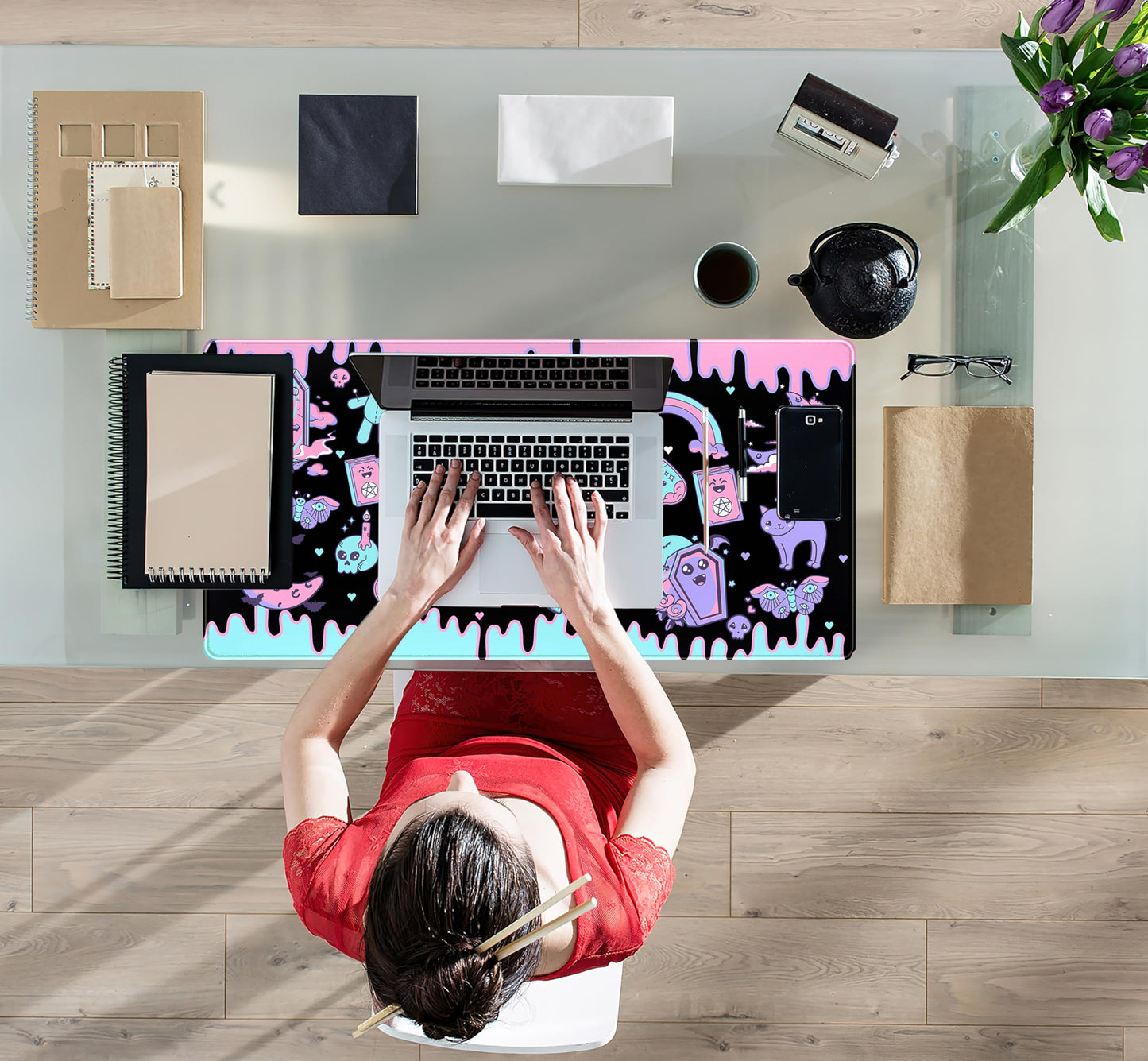Cute Pastel Goth Desk Mat Kawaii Japanese XXL Extra Large Extended Desk Pad Gaming Mouse Pad, Anime Computer Laptop Mat Keyboard and Mouse Mat for Women Office Desk Decor Gamer Gift 31.5"x15.75"