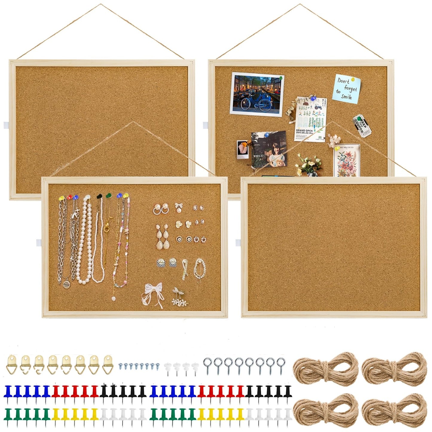 Lyellfe 4 Pack Cork Bulletin Boards, 15.7 x 12 Inch Thick Cork Tiles with Frame Push Pin Hanging Rope, Double Side Rectangle Message Notice Board for Office School Home Decor