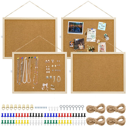 Lyellfe 4 Pack Cork Bulletin Boards, 15.7 x 12 Inch Thick Cork Tiles with Frame Push Pin Hanging Rope, Double Side Rectangle Message Notice Board for Office School Home Decor