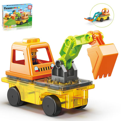 PicassoTiles Magnet Tiles Building Block 2-in-1 Excavator & Backhoe Brick Compatible Construction Playset with Car Base Magnetic Character Action Figure STEM Educational Learning Toy Kit Age 3+ PTU04