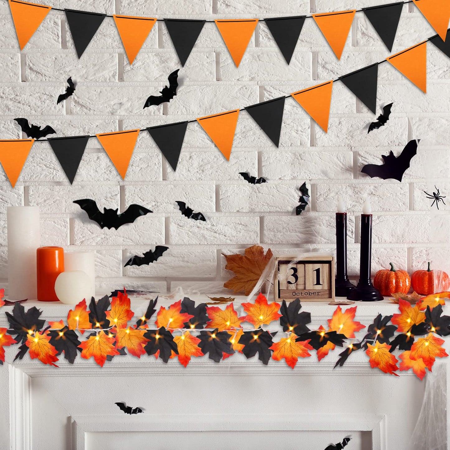 50 LED 16.4Ft Halloween Decorations Fall Garland String Lights with Timer, Lighted Black Maple Leaves Garlands Decor with Banner, Fall Lights for Home Party Indoor Mantle