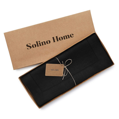 Solino Home Linen Hemstitch Table Runner 108 Inches Long - 100% Pure Linen Black Table Runner 16 x 108 Inch for Fall, Autumn, Halloween, Thanksgiving, Holiday - Classic Hemstitch