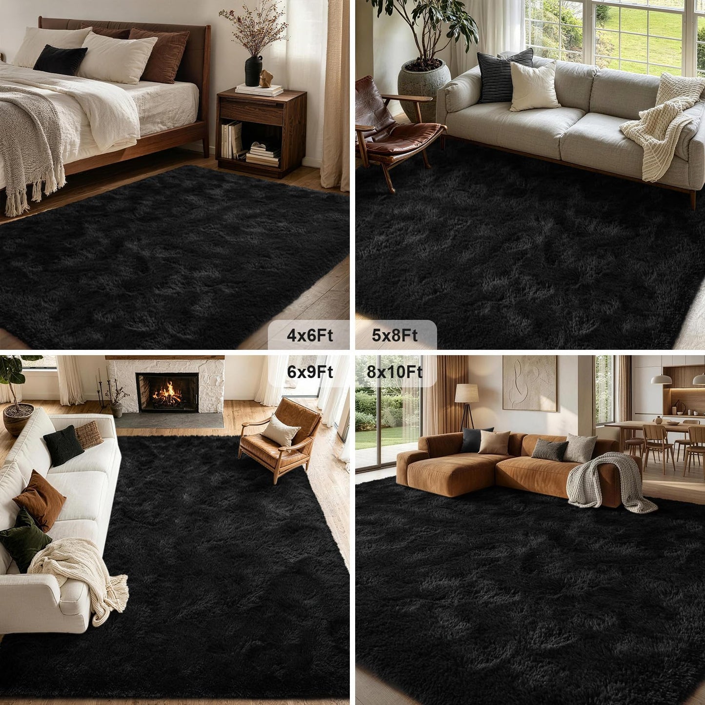 FinRèc 8x10 Feet Area Rugs for Living Room Bedroom, Fluffy Shaggy Large Rug, Non-Slip Soft Black Fuzzy Rugs for Nursery Kids Room Dorm Room Home Decor, Indoor Plush Floor Carpet