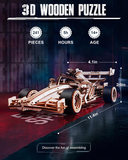 ROKR 3D Wooden Puzzle 1:18 Scale Formula Racing Cars for Adults, 5 Hour Build, Wind up Toys Model Car Kits for Adults to Build, Ideal Gift for Boys and Men