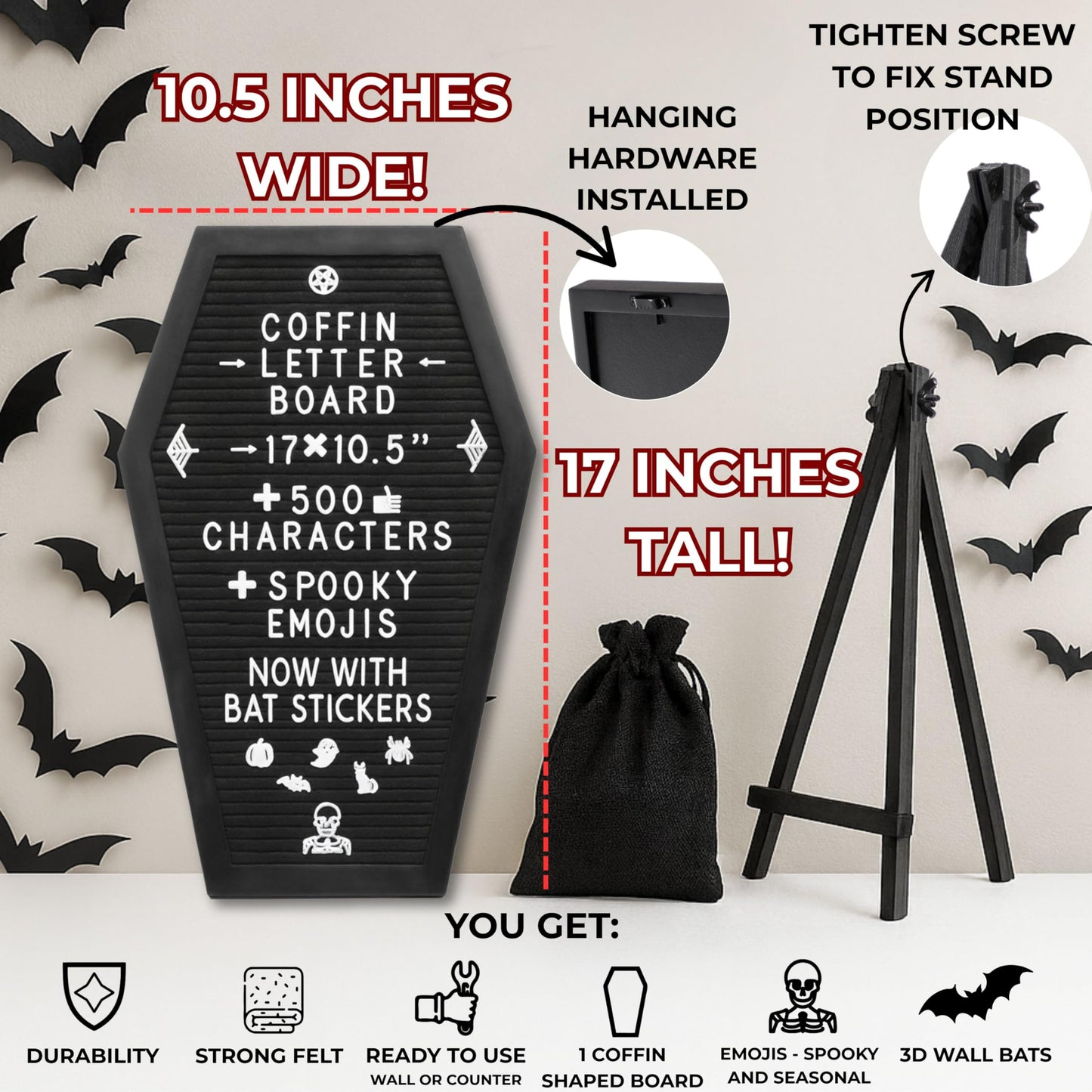Nomnu Coffin Letter Board Black +3D Bat Stickers +650 Characters, Spooky Seasonal Emojis, Wooden Stand - 17x10.5 Inches - Coffin Shaped Goth Decor Sign Halloween Decorations Gothic Decor Birthday Home Spooky Gifts