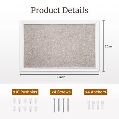 VUSIGN Linen Bulletin Board, 30'' x 20'' Large White Cork Board Decorations, Wall Mounted White Framed Cork Boards, Fabric Pin Boards for Walls with 10 Pushpins for Home, School, Office