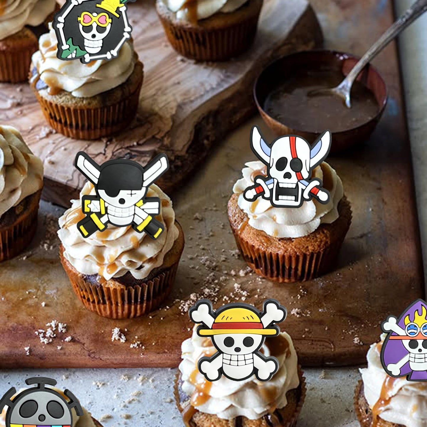 Mosytiay 24 PCS Anime Skull Cupcake Rings Toppers Pirate Themed Cupcake Toppers 6 Style Skeleton Cake Decorations for Skull Theme Baby Shower Birthday Halloween Pirate Party Cake Decorations Supplies