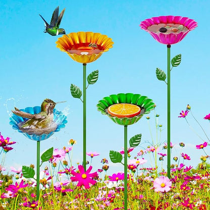 Large Bee Watering Station, 4 Pack Small Bird Bath for Outside, Metal Butterfly Feeders Bowl with 5.32'' Flower Design Bee Bath for Garden Decor (Classic-Flower 4-Pack)