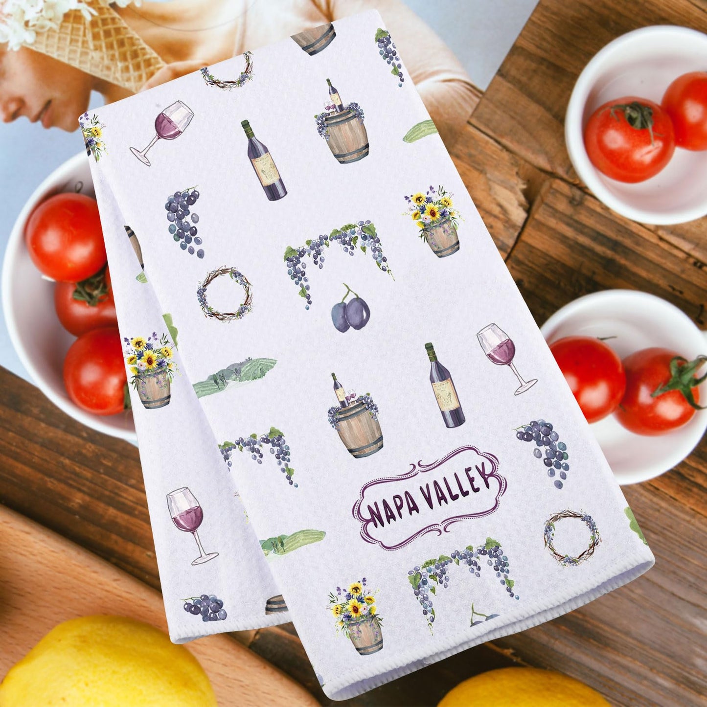 JNIAP Napa Valley Kitchen Towel Wine Glass and Vineyard Towel Napa Valley Lovers Gifts Napa Valley Theme Gifts (Napa Valley kt)