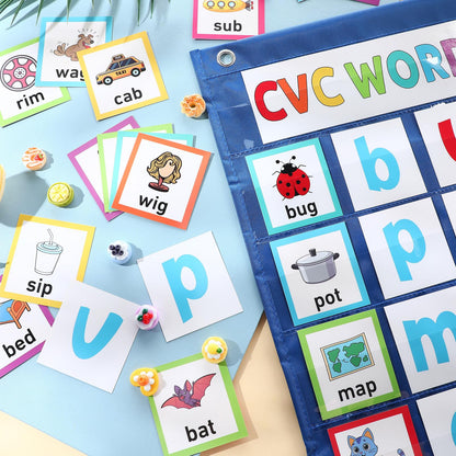 Pasimy CVC Word Pocket Chart with 65 Double-Sided Phonics Flash Cards Classroom CVC Word Literacy Games Preschool Kindergarten Classroom Must Haves for Learning Reading and Spelling(Blue)