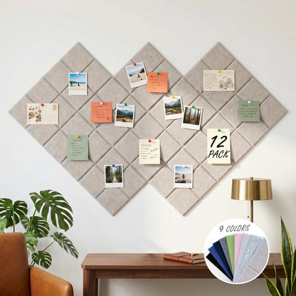 MISSDAY Oatmeal Acoustic Wall Panel Felt Bulletin Board 48" x 36" Cork Board for Wall, 12-Pack Boards with 72 Removable Adhesive Tabs, 50 Pins, Pin Board for Home Office Classroom Soundproof Wall Tile