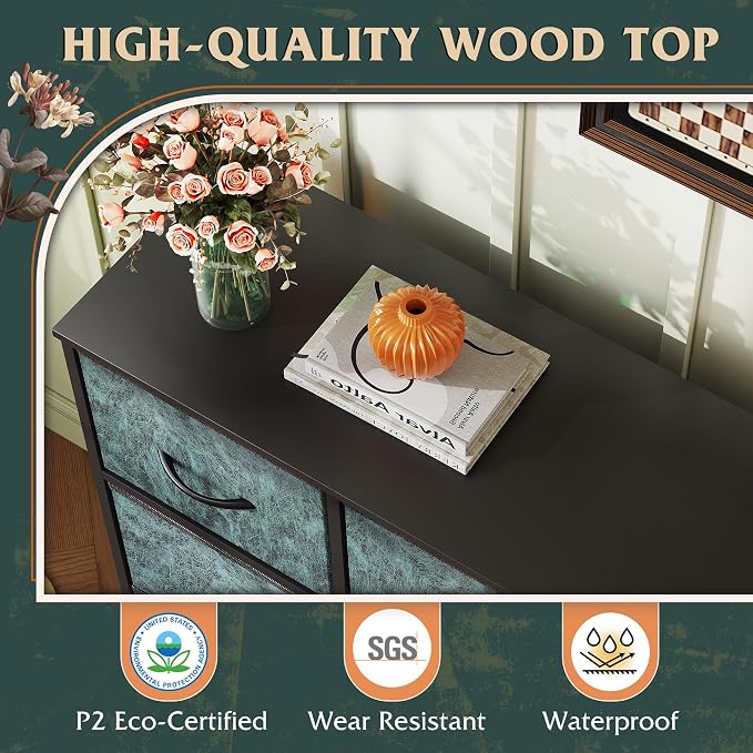 WLIVE Dresser for Bedroom with 8 Drawers, Wide Fabric Dresser for Storage and Organization, Bedroom Dressers, Chest of Drawers for Living Room, Closet, Hallway, Vintage Green