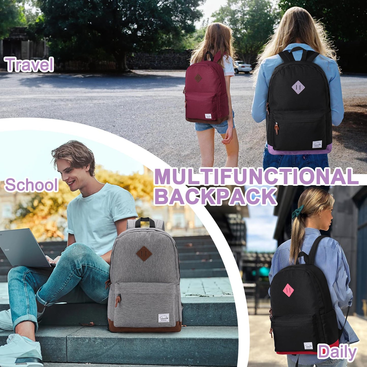 VASCHY Backpack for Teen Girls, Unisex Classic Water Resistant School Backpack Fits 15Inch Laptop (Black Purple)