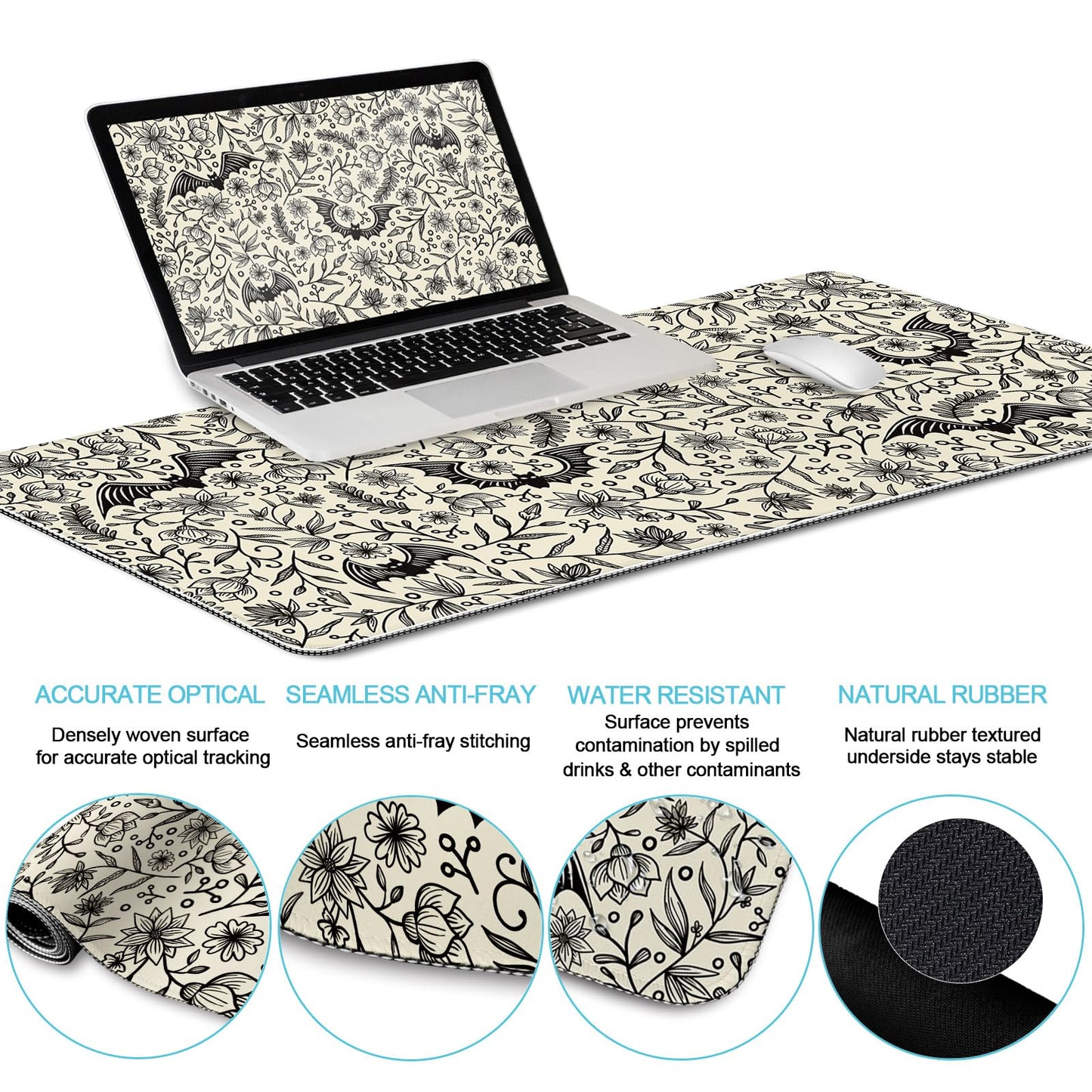 LIMKRIAN Goth Bat Mouse Pad Set Large Desk Mat for Desktop, Ergonomic Mouse Pad with Wrist Rest for Gaming, Keyboard Mat Wrist Support Cup Coaster Set, Gothic Office Desk Accessories Decor Supplies