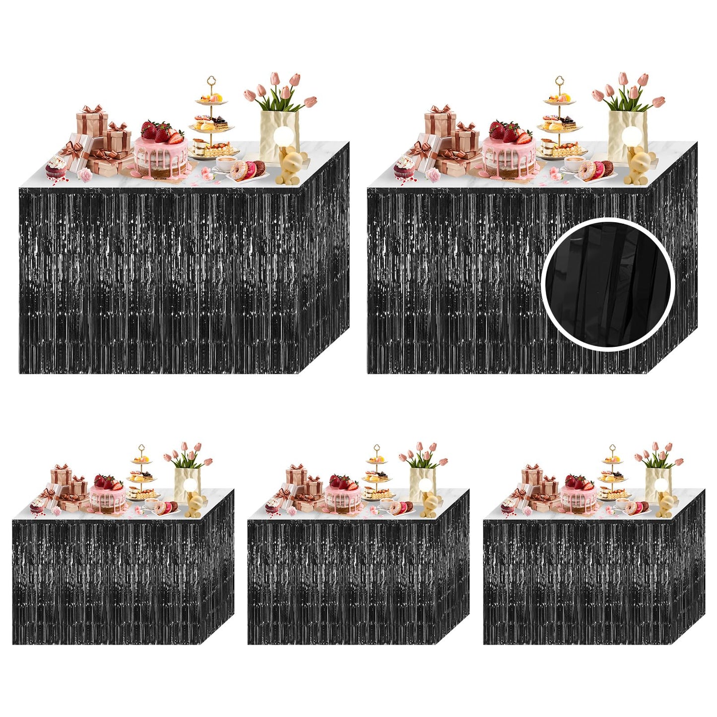 5 Pack Black Foil Fringe Table Skirt 29x108 Inch Metallic Foil Fringe Table Skirts Tinsel Streamer Curtains Backdrop Parade Floats Birthday Halloween Christmas Party Decoration (Black)