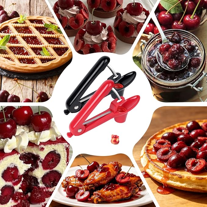 Cherry Pitter, 2 Pcs Cherry Pitter Tool, Stainless Steel Cherry Stoner, Cherry Core Remover with Hand-held Push Design, Multi-Use Household Kitchen Gadget for Cherry, Jujube, Olive,Black+Red