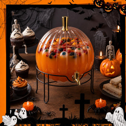 Romooa 1.3 Gallon Halloween Plastic Drink Dispenser with Metal Stand Spigot Pumpkin Shaped Drink Dispenser Beverage Flask with Spigot for Fall Harvest Summer Halloween Autumn Party Supplies(Clear)