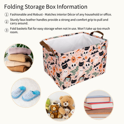 JarThenaAMCS 2Pcs Halloween Storage Basket with Handles Spooky Pumpkin Ghost Black Cat Cube Storage Bin Foldable Fabric Container Organizer Box for Home Office Dorm Closet Shelf Toy