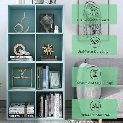 OSCHF 8-Cube Storage Shelf Bookcase - Wooden 4-Tier Floor Standing Open Bookshelf, Modern TV Stand up to 55 Inchs for Home and Office, Light Blue