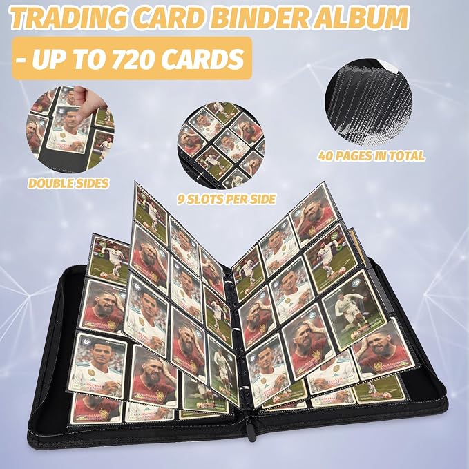 GERMUN 3 Ring 9 Pocket Zipper Card Binder, 720 Double Sided Standard PU Trading Card Album Folder for TCG & Sports Cards, Not Fit Top Loaders (Silver)