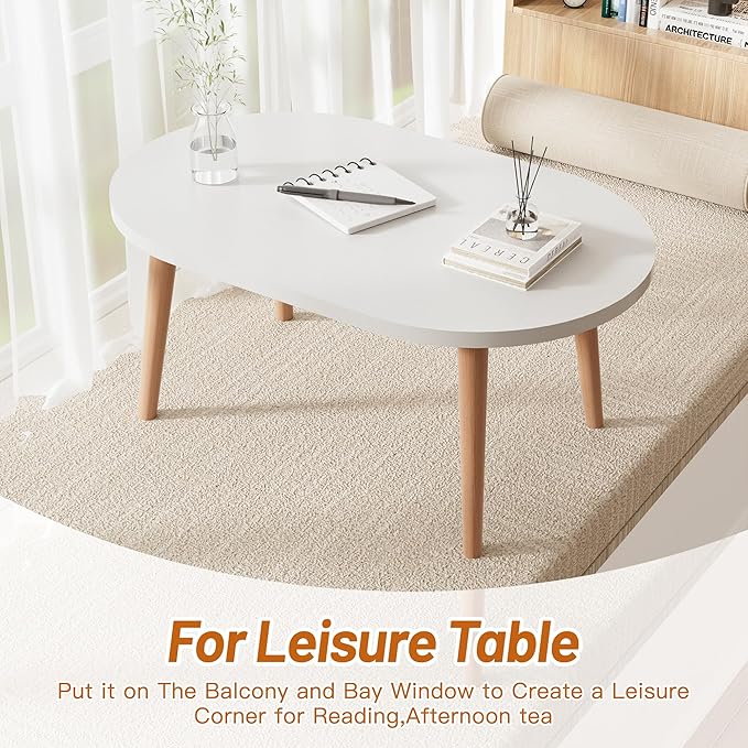 Small Coffee Table, Low Table with Solid Wood Legs, 23.6" Mini Oval Accent Table Side End Table, Floor Table Desk for Sitting on The Floor, Coffee Tea Table for Living Room, Dorm, Apartment, White