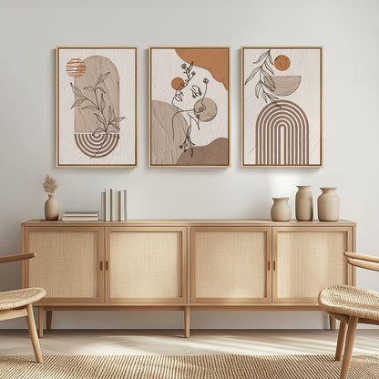 Framed Boho Sage Green Wall Art for Living Room, Large Mid Century Modern Tropical Leaf Canvas Artwork for Walls, 3 Piece Beige Orange Bohemian Wall Art Prints for Bedroom Kitchen Hallway, 16x24 Inch