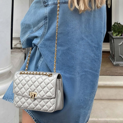 GEMIU Quilted Crossbody Purse Formal Small Women's Shoulder Handbags for Womens Clutch Purses with Gold Chain Dressy Sliver