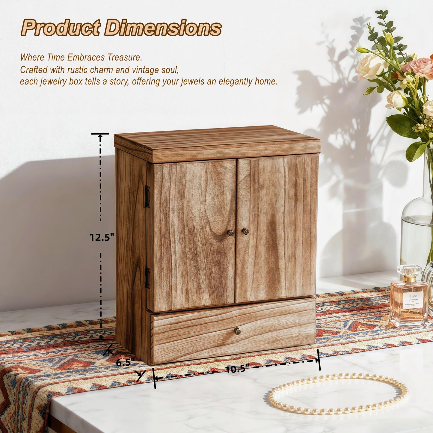 Emfogo Wooden Jewelry Box for Women, 6-Tier Large Jewelry Organizer Boxes with Mirror Rustic Solid Wood jewlery Storage Display for Rings Earrings Necklaces Bracelets watches(Carbonized Black)