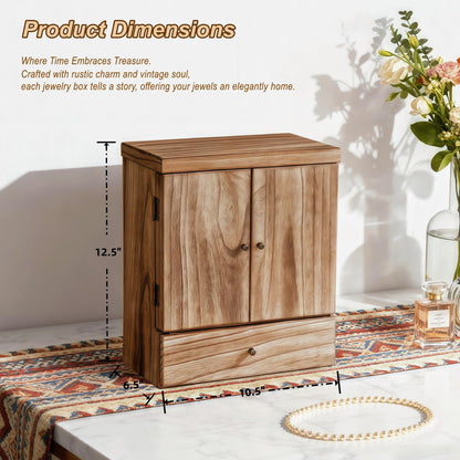 Emfogo Wooden Jewelry Box for Women, 6-Tier Large Jewelry Organizer Boxes with Mirror Rustic Solid Wood jewlery Storage Display for Rings Earrings Necklaces Bracelets watches(Carbonized Black)
