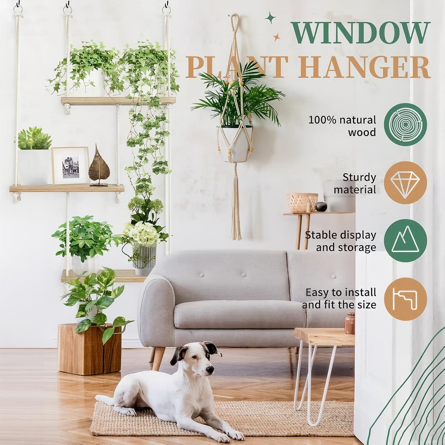 CMXZSAM Window Plant Shelves 3-Tier Boho Window Sill Plant Shelf Indoor Hanging Wood Window Plant Hanger for Plants Herb Garden, Flower, Succulents, Micro Greens, Seedling Pots Display Stand