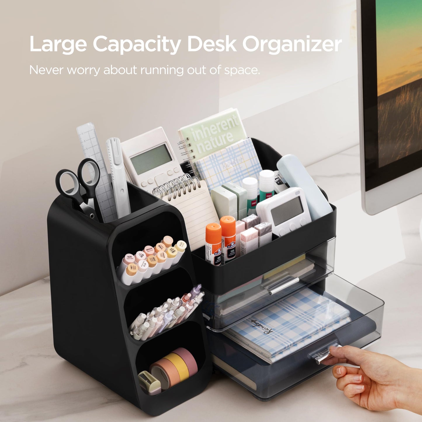 HBlife Desk Organizer with Pen Pencil Holder for Desk, Pen Organizer with 2 Drawers, Desk Organizers and Accessories with 4 Compartments, Desktop Storage for Office Home School Art Supplies, Black