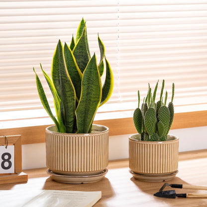 SURE YUESI Beige Ceramic Plant Pots Set of 3 (4.3”+5.5”+6.7”), Striped Planters with Drainage Hole, Saucer & Mesh Pads, Decorative Pots for Indoor & Outdoor Plants