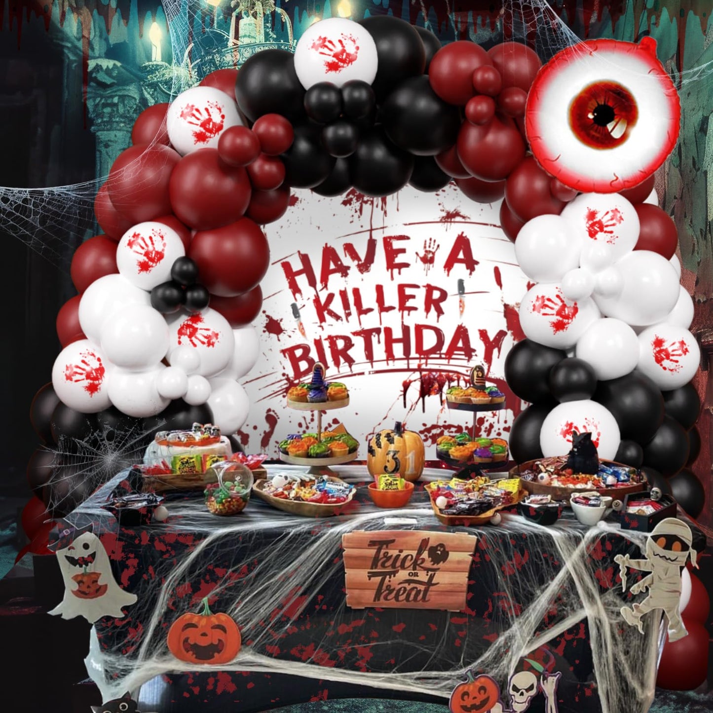 Halloween Balloon Arch Kit Scary Halloween Birthday Party Decorations-Red Black White Bloody Hand Balloons With Have a Killer Birthday Banner Eye Balloons For Hallo-ween Theme Party Supplies