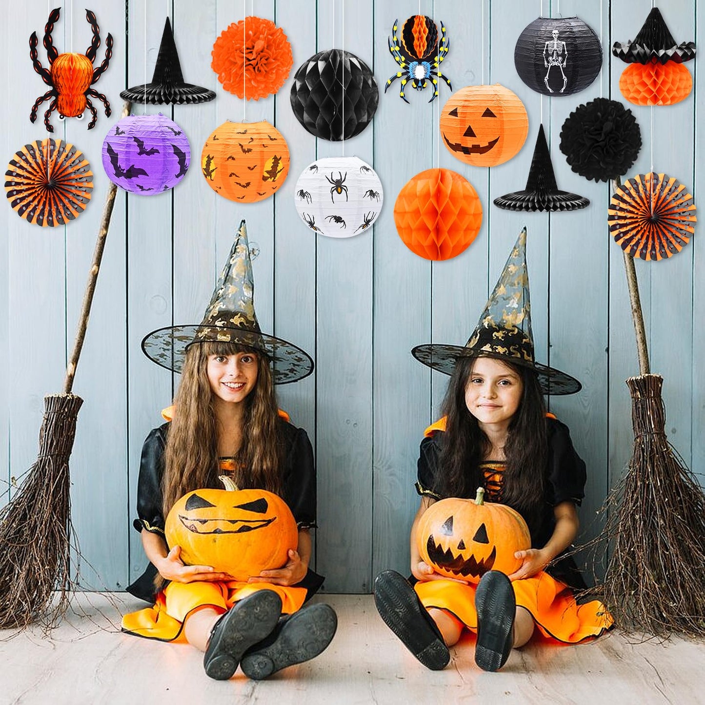16-Pack Halloween Honeycomb Paper Lantern Ornaments – Hanging Decorations in Pumpkin, Spider, Witch Hat, and Ghost Designs for Halloween Party, Indoor Outdoor Décor, Fall Festival Supplies