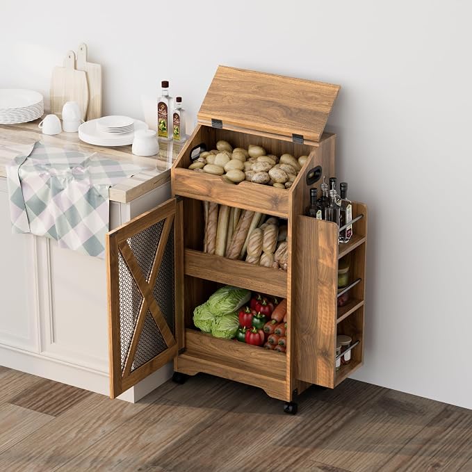 Potato and Onion Storage Bin, Movable Fruit and Vegetable Bin with Spice Rack, Wooden Large Bread Box, Farmhouse Potato Storage Cabinet for Kitchen, Pantry
