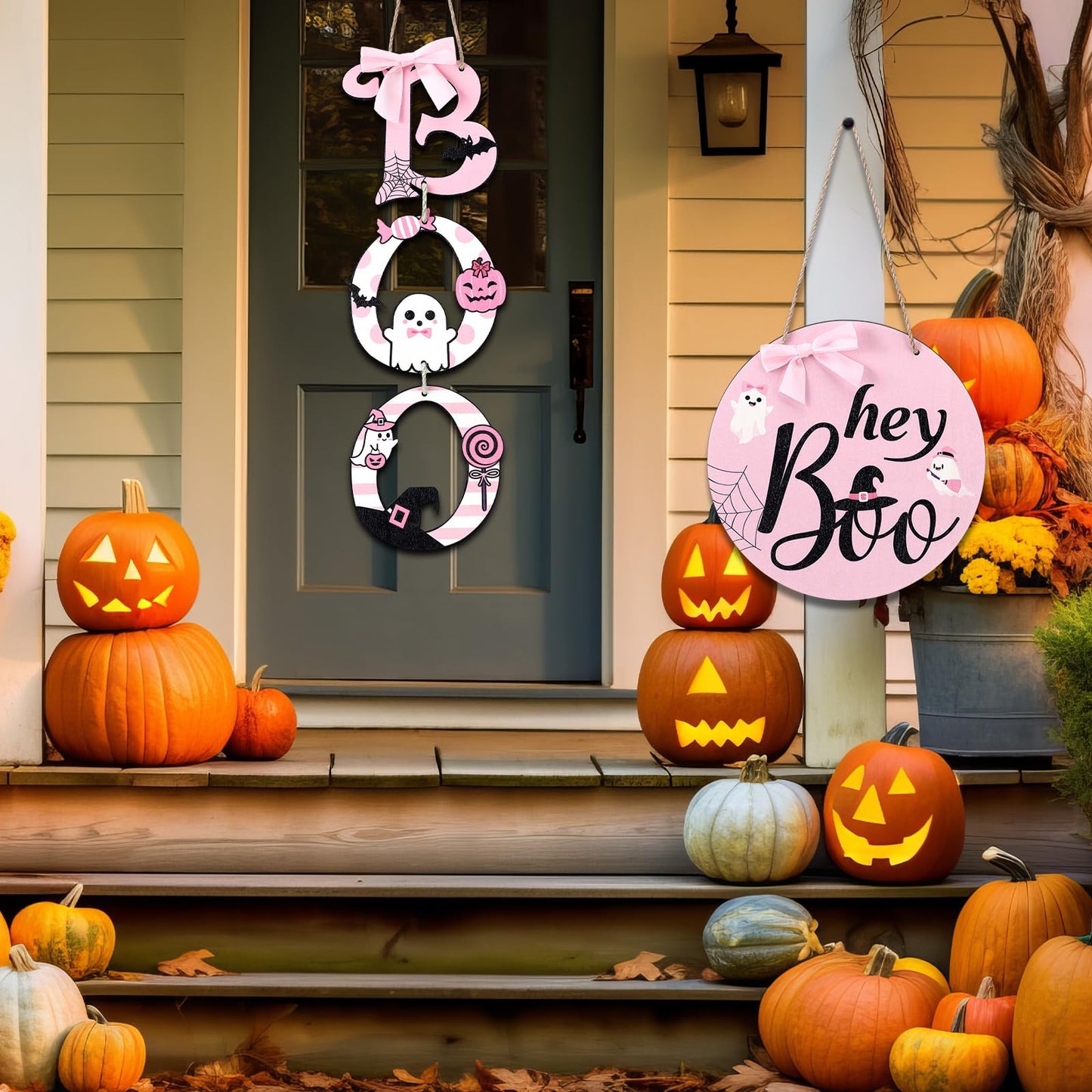 Amyhill 2 Pcs Halloween Door Sign Pink Boo Wooden Sign Ghost Wreath Decorations with Pink Bow for Farmhouse Front Door Hanger Porch Wall Decor