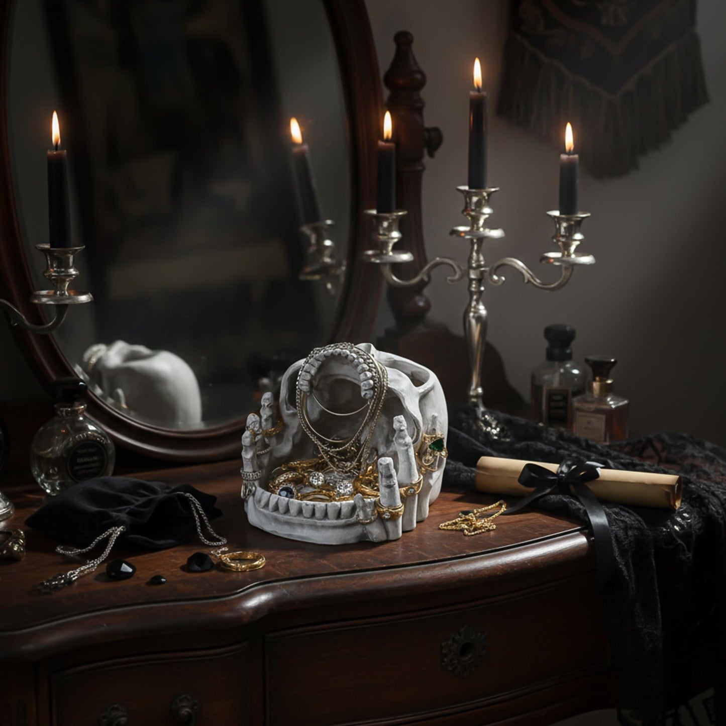 Resin Skull Shaped Jewelry Holder for Ring & Charm, Gothic Skull Decorative Storage for Earring Trinket, White Dark Aesthetic Halloween Decor, Shelf Display Gift for Bedroom, Living Room Home Office