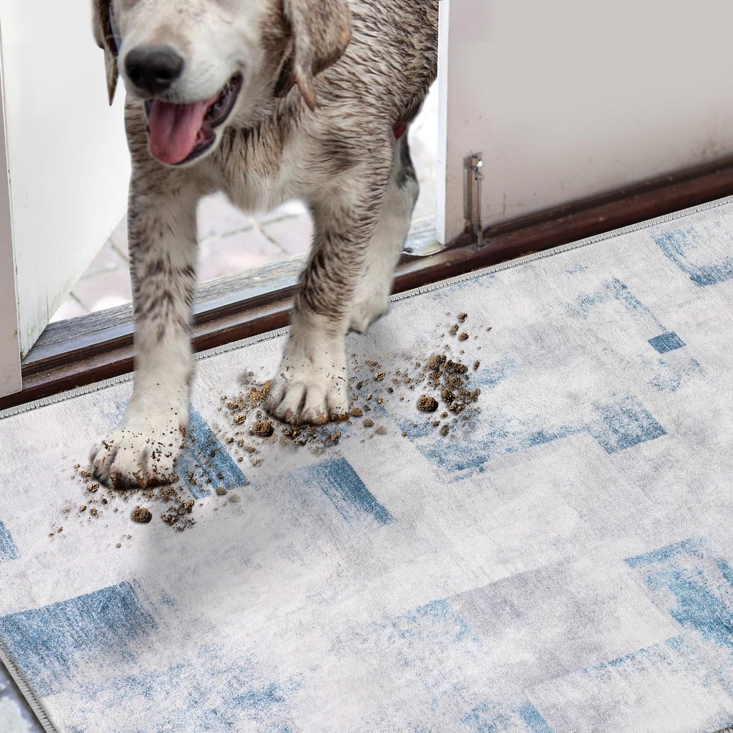 COMSLE Door Mat, Front Door Mat Indoor for Entrance Faux Wool Absorbent Non Slip Modern Throw Rug for Entryway Bedroom Muddy Paws - Pet Friendly, 47x71 Inches,Square Blue Machine Washable