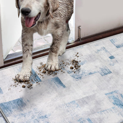 COMSLE Door Mat, Front Door Mat Indoor for Entrance Faux Wool Absorbent Non Slip Modern Throw Rug for Entryway Bedroom Muddy Paws - Pet Friendly, 47x71 Inches,Square Blue Machine Washable