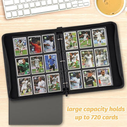 GERMUN 3 Ring 9 Pocket Zipper Card Binder, 720 Double Sided Standard PU Trading Card Album Folder for TCG & Sports Cards, Not Fit Top Loaders (GREY)