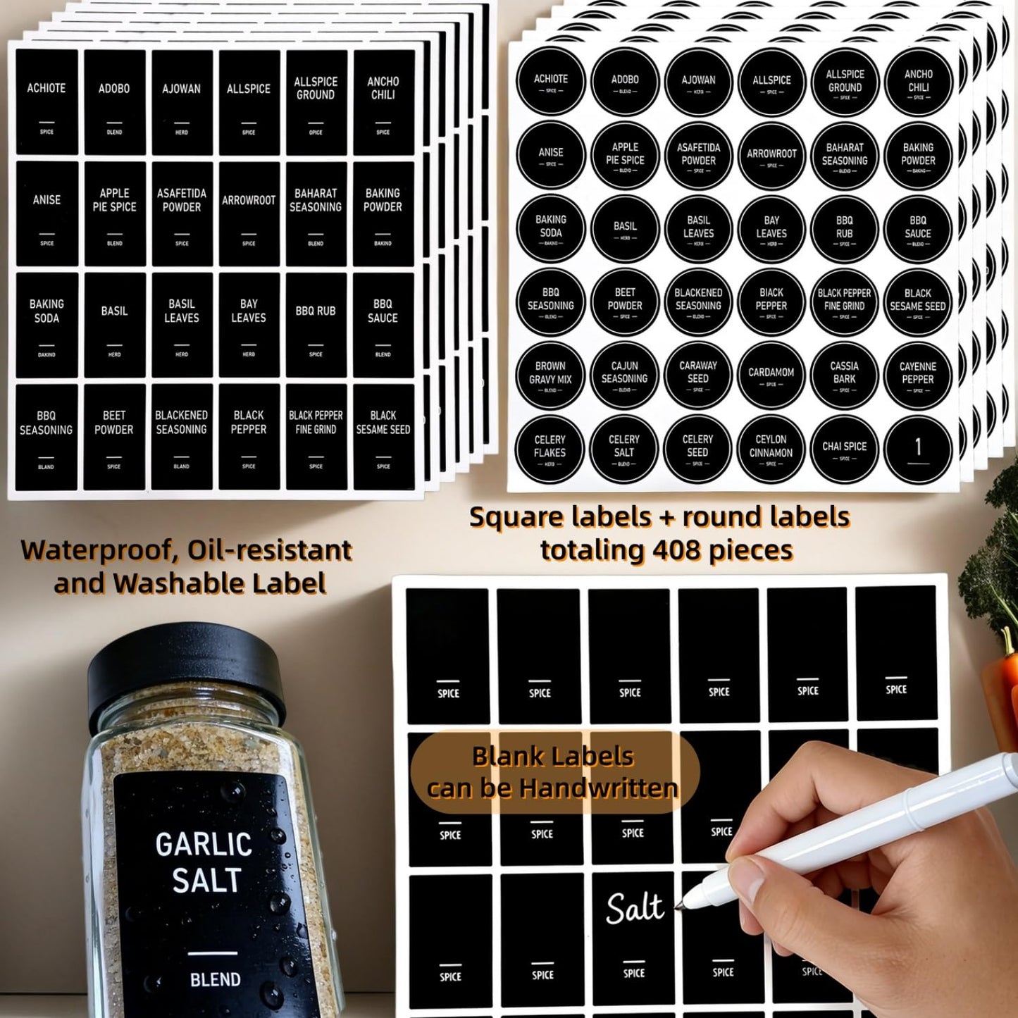 MISTGLAS Spice Jars with Labels - 24 Glass Spice with Shaker Lids & Airtight Plastic Caps - 4oz Complete Seasoning Containers Organizer Set for Cabinet, Drawer & Rack (Black)