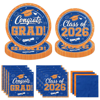 Gexlaju Graduation Plates and Napkins 2026,200pcs Orange and Blue Graduation Decorations 2026 Disposable Congrats Grad Paper Plates for Class Of 2026 Party Supplies,Serve 50