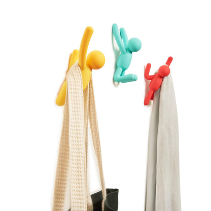 Umbra Buddy Wall Hooks – Decorative Wall Mounted Coat Hooks for Hanging Coats, Scarves, Bags, Purses, Backpacks, Towels and More, Set of 3, Red/Blue/Yellow
