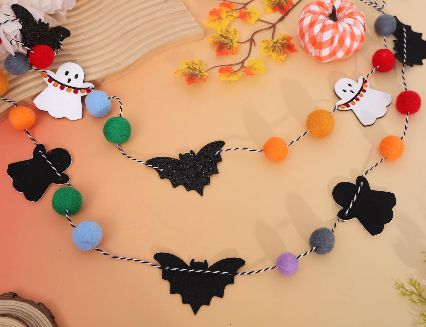 Felt Bat Ghost Garland - Spooky Halloween Party Decorations,Spooky Banner with Colorful Felt Balls,Halloween Wall Mantel Hanging Garland,Black Bat White Ghost Photo Backdrop