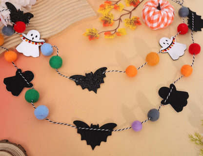 Felt Bat Ghost Garland - Spooky Halloween Party Decorations,Spooky Banner with Colorful Felt Balls,Halloween Wall Mantel Hanging Garland,Black Bat White Ghost Photo Backdrop