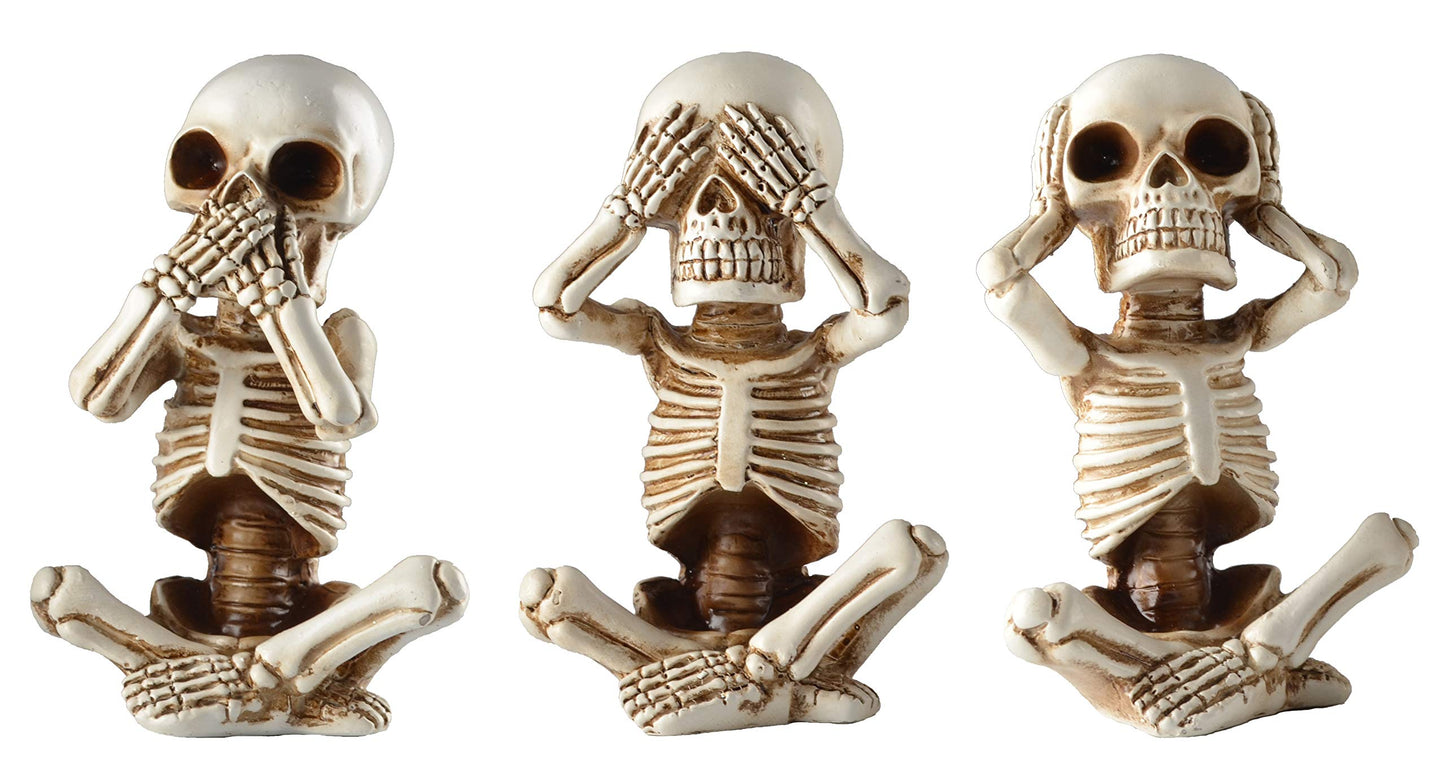 JORAE Skeletons Statue Hear See Speak No Evil Baby Halloween Figurines Home Decorative, Set of Three, 4.8 in, Oyster White Polyresin