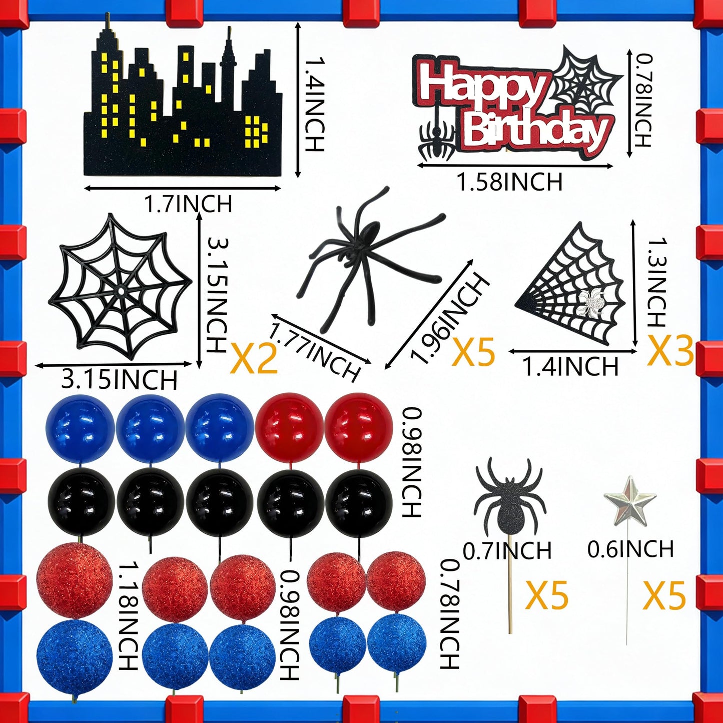 Tyotrbs Spider Cake Topper Spider Web Cake Decoration Spiders Theme Cake Decor Happy Birthday Toppers Stars Red Blue Balls Cupcake Topper for Hero Party Supplies