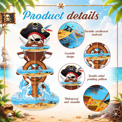 Widecook 3 Tier Pirate Cupcake Stand Decoration Nautical Sailing Skull Cap Cupcake Tower Pirate Table Decoration Treasure Dessert Holder Table Display for Birthday Halloween Nautical Party Decor