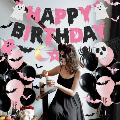 Halloween Happy Birthday Banner Garland 12in Pink Black Balloons Bat Sticker Set for Baby Shower Pink and Black Halloween Birthday Party Decorations